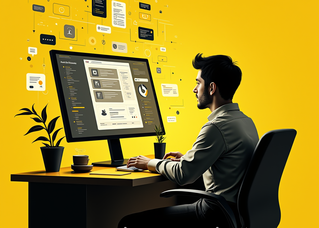 Person using generative AI tools for content creation on a computer, surrounded by digital icons and a vibrant yellow background
