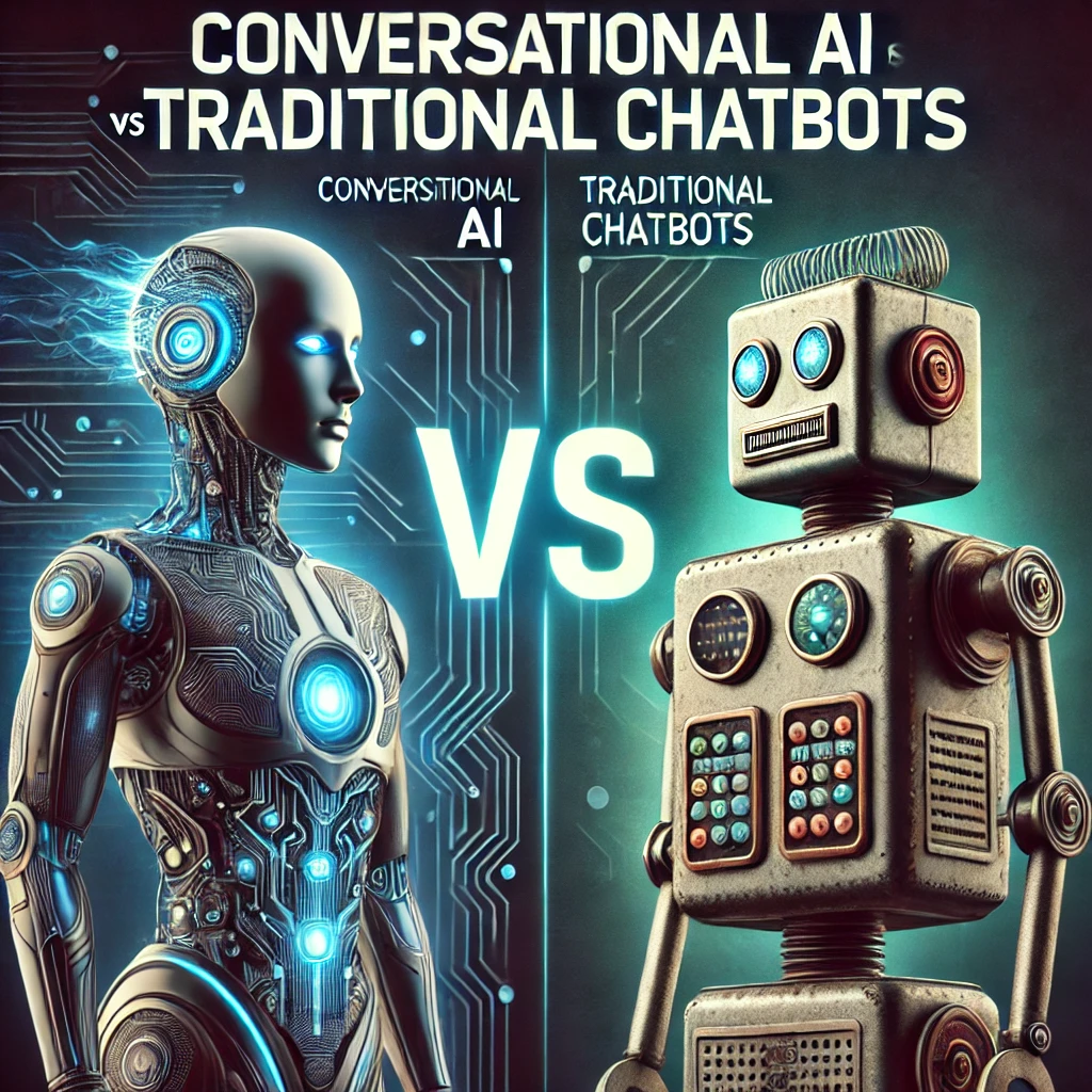 Visual comparison of Generative AI chatbots vs. traditional chatbots, highlighting advanced conversational AI on the left and basic, rule-based chatbots on the right