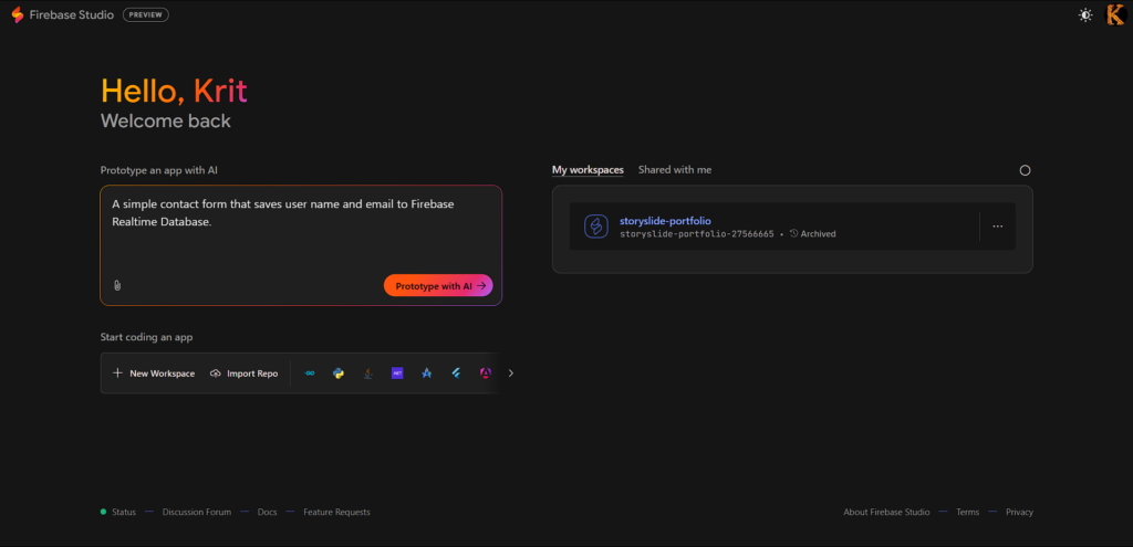 Google Firebase Studio- Dev Page